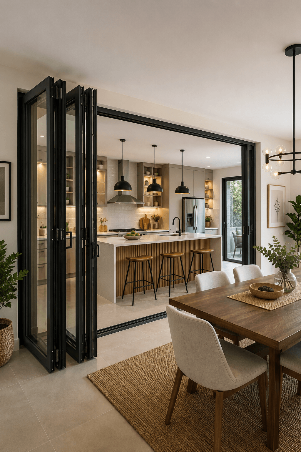 AI Generated Image of Slide and Fold Door between Kitchen and Dining Areas for an open kitchen concept